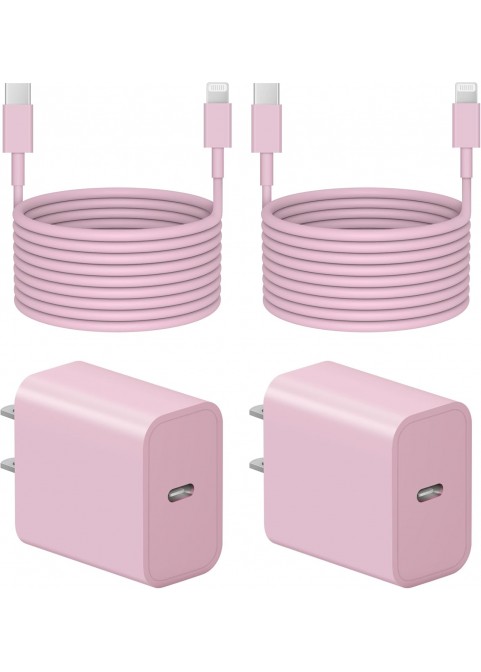 6 Ft iP Fast Charger   2-Pack 20W Super Fast Charger with Long Fast Charging Cable-Pink